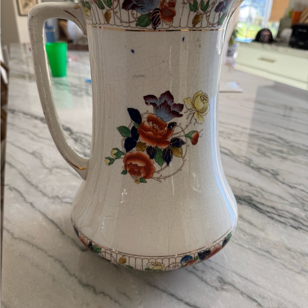 Antique Fenton England Floral Ceramic Base with Blue Accent